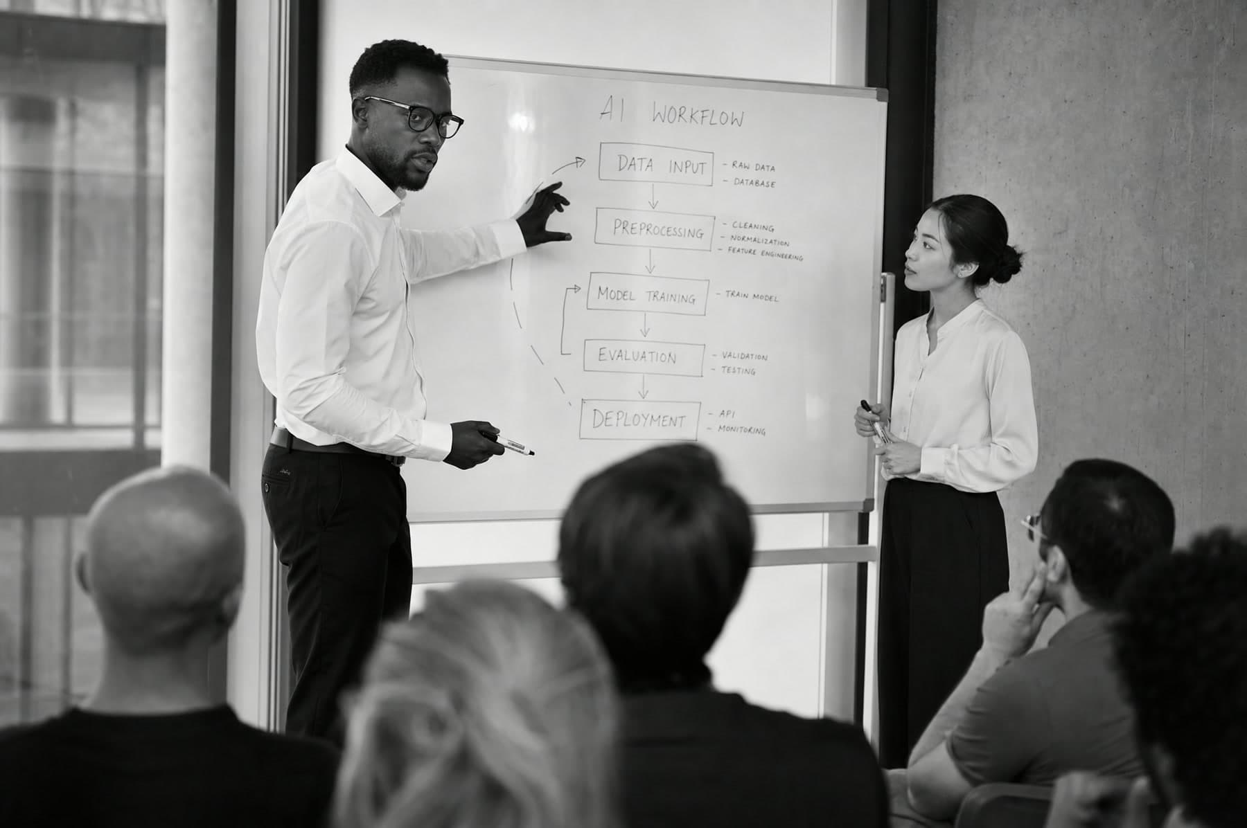 AI consultants presenting an AI workflow to business leaders