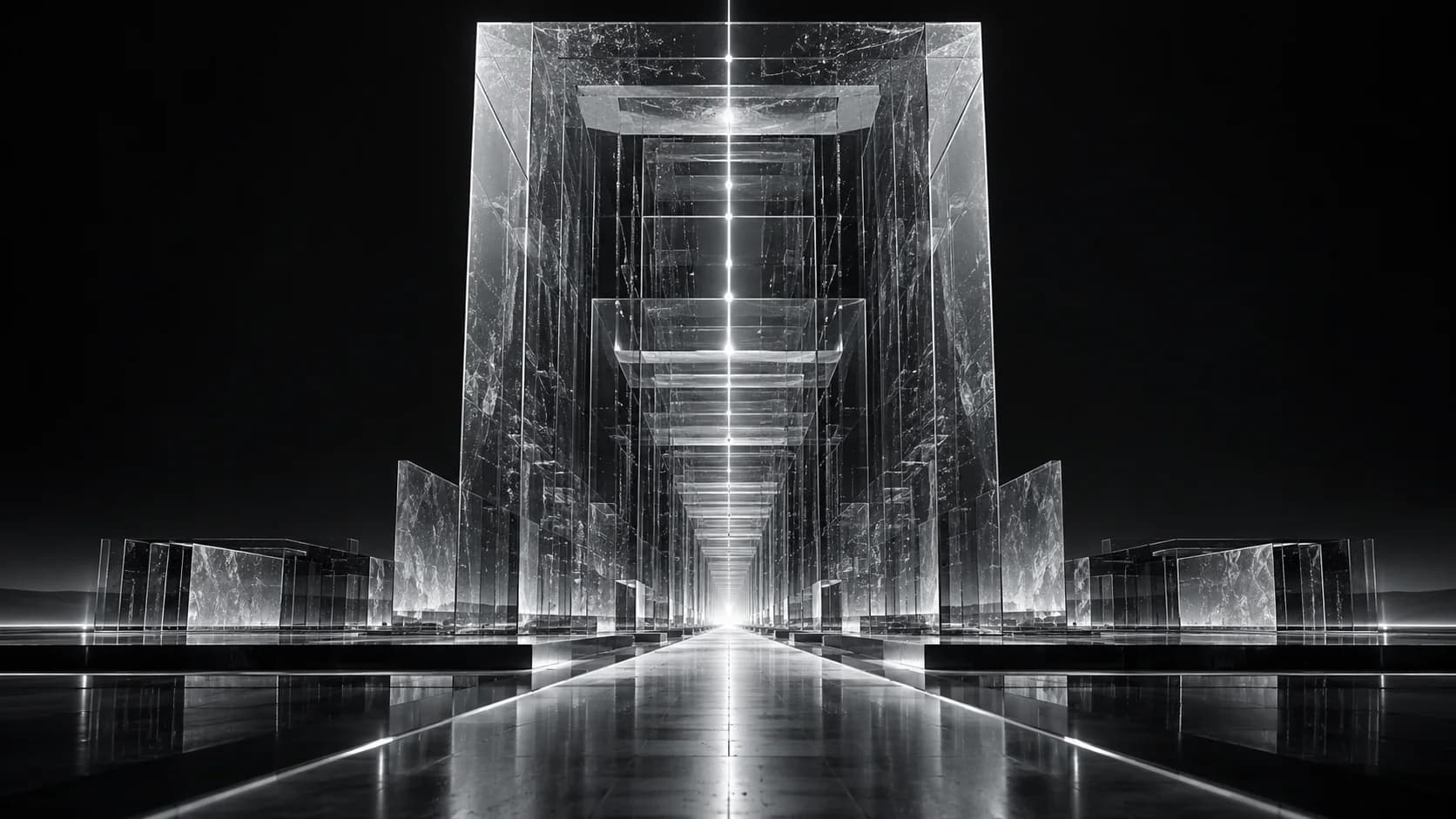 Monumental layered glass structure representing Gemini 4 Argon sustaining reasoning through long enterprise workflows